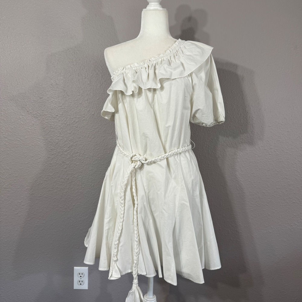 RHODE X Target Size S White‎ One Shoulder Ruffle Belted Mini Babydoll Dress